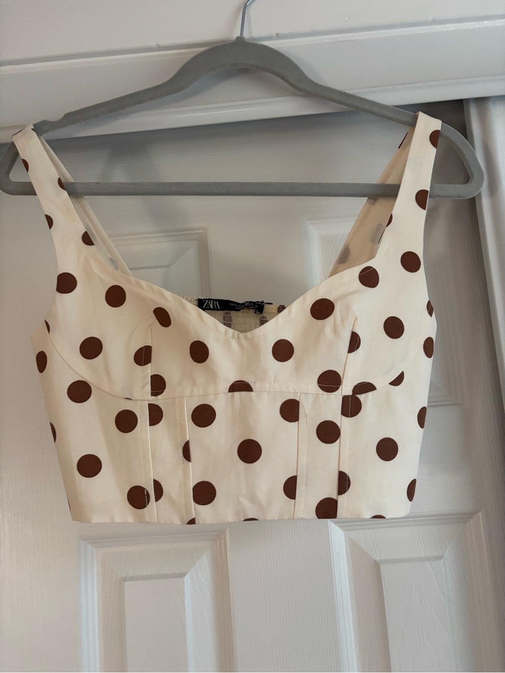 Zara Cream Crop Bustier Top with Brown Polka Dots